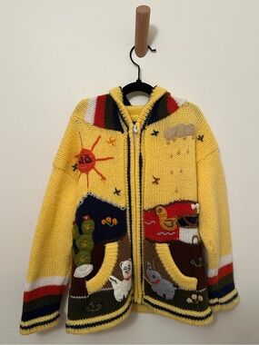 Peruvian Arpillera Handmade Knit Sweater Jacket Zip Up Hooded Nature